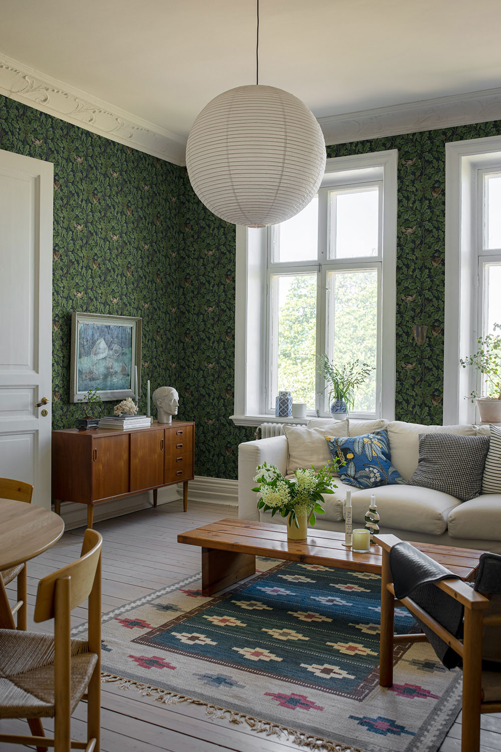 Green-blue wallpaper, branches, leaves, animals, 2050, Icons, Borastapeter