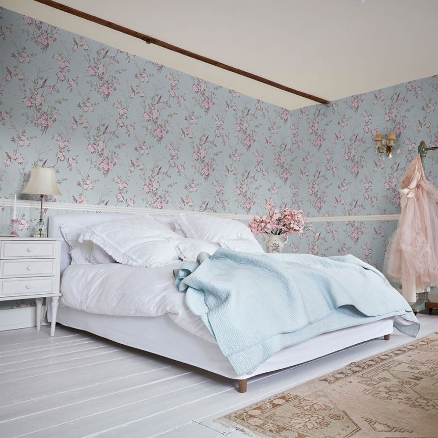 Wallpaper, blue, flowers, birds, 125119, Shabby Chic by Rachel Ashwell