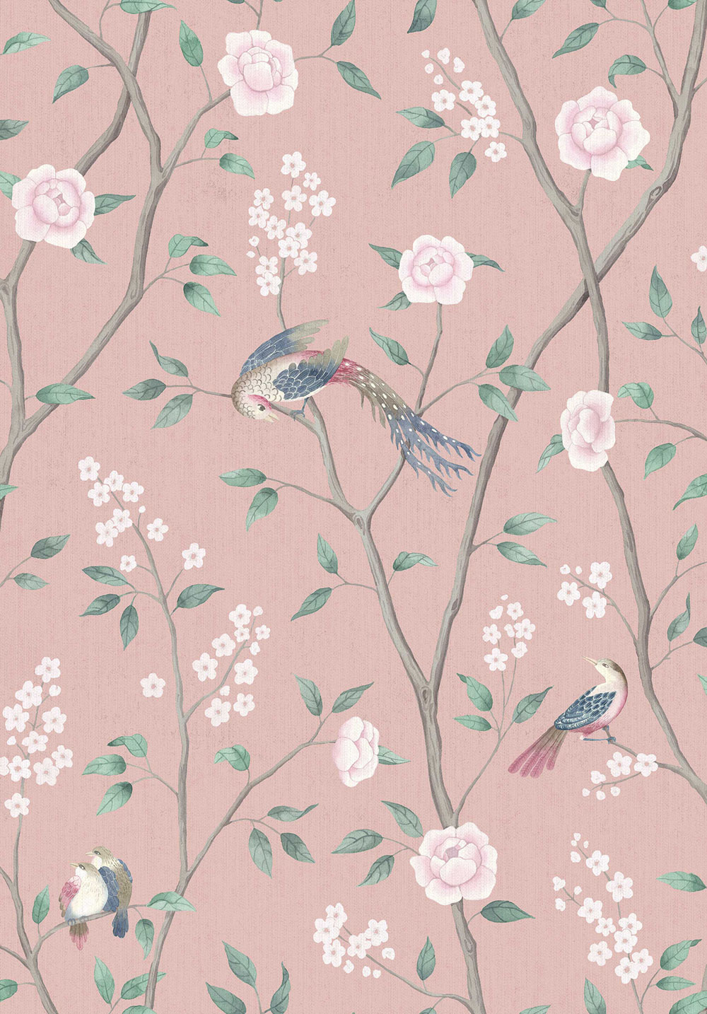 Pink wallpaper, branches, birds, 1901, Icons, Borastapeter