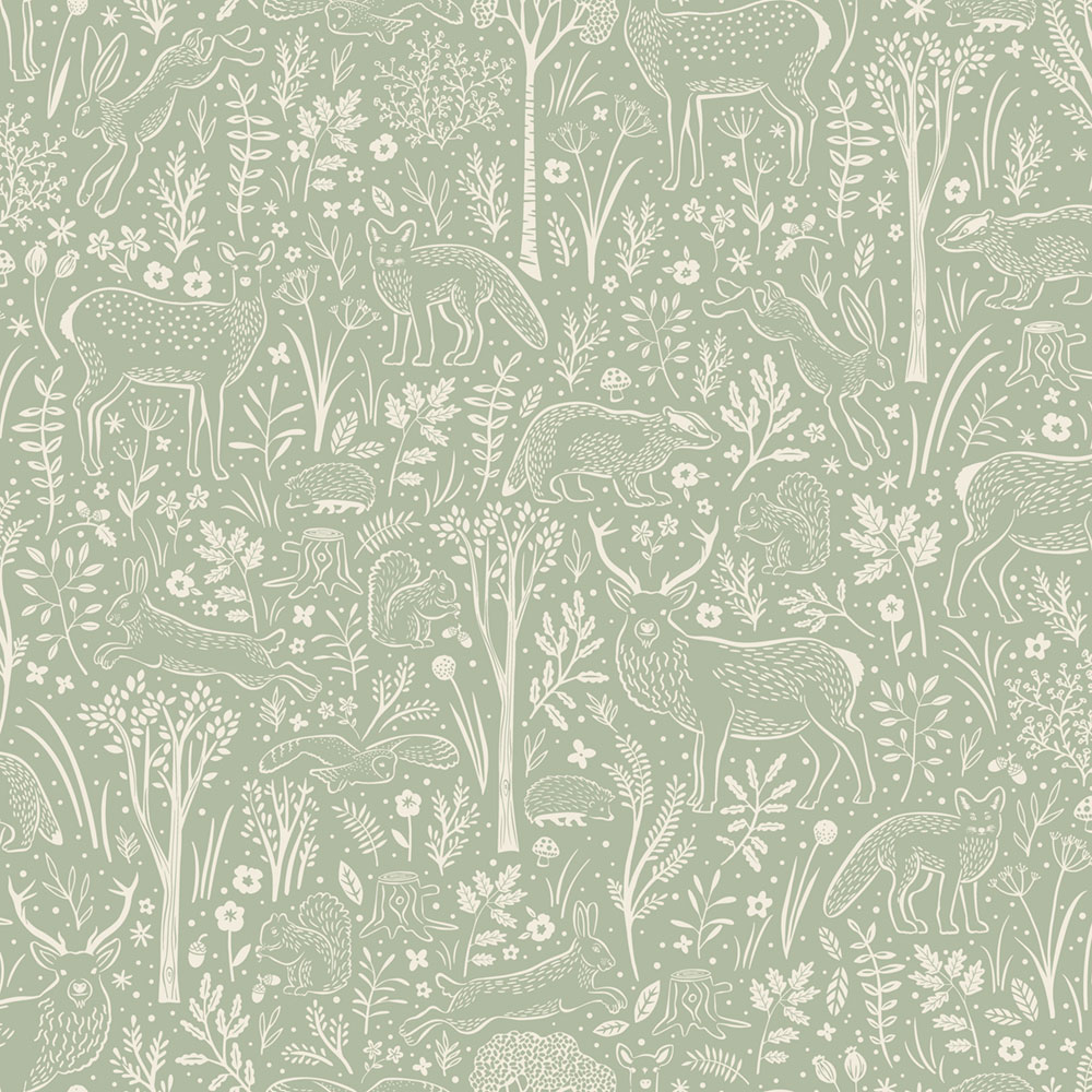 Wallpaper, green, forest animals, LD3413, Little Dreamers, Grandeco