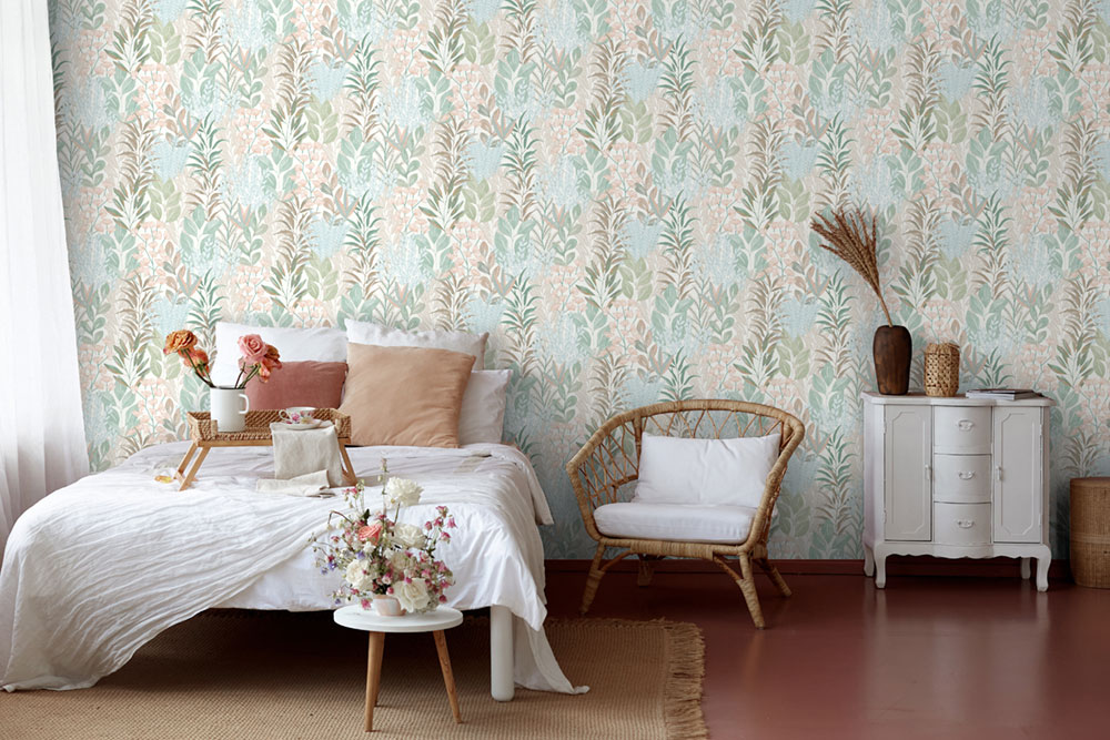 Wallpaper, white, flowers, leaves, M86901, Vavex 2027