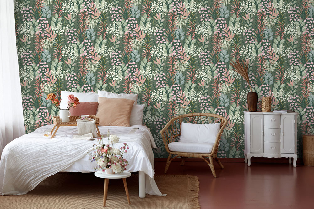 Wallpaper, green, flowers, leaves, M86904, Vavex 2027