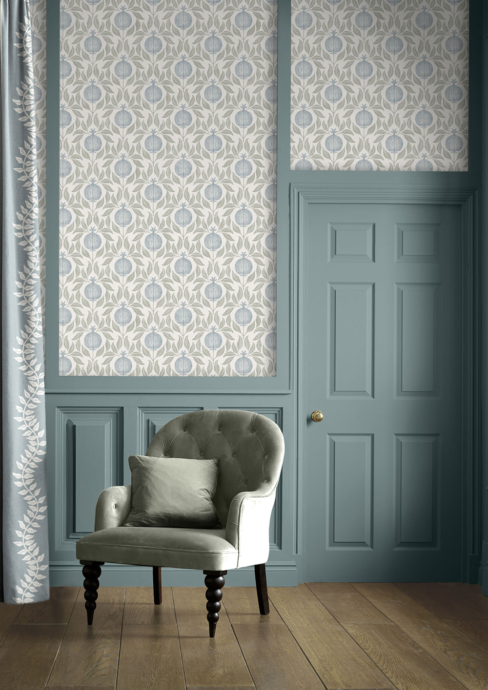 Wallpaper, green-blue, leaves, pomegranates, 130289, Concerto, Graham Brown Premium