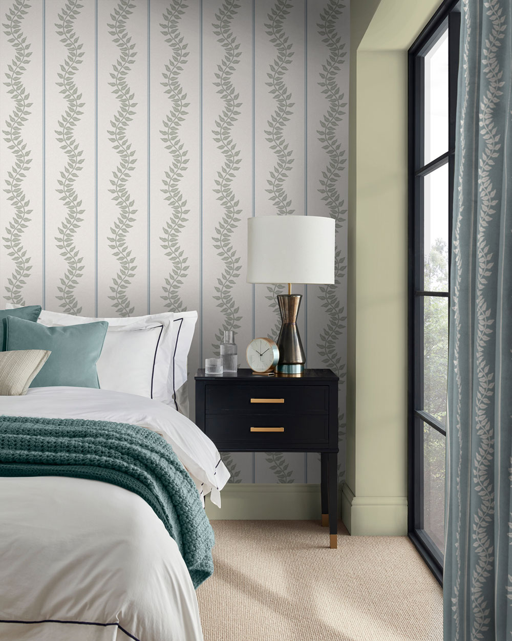 Wallpaper, blue-green, stripes, leaves, 130294, Concerto, Graham Brown Premium