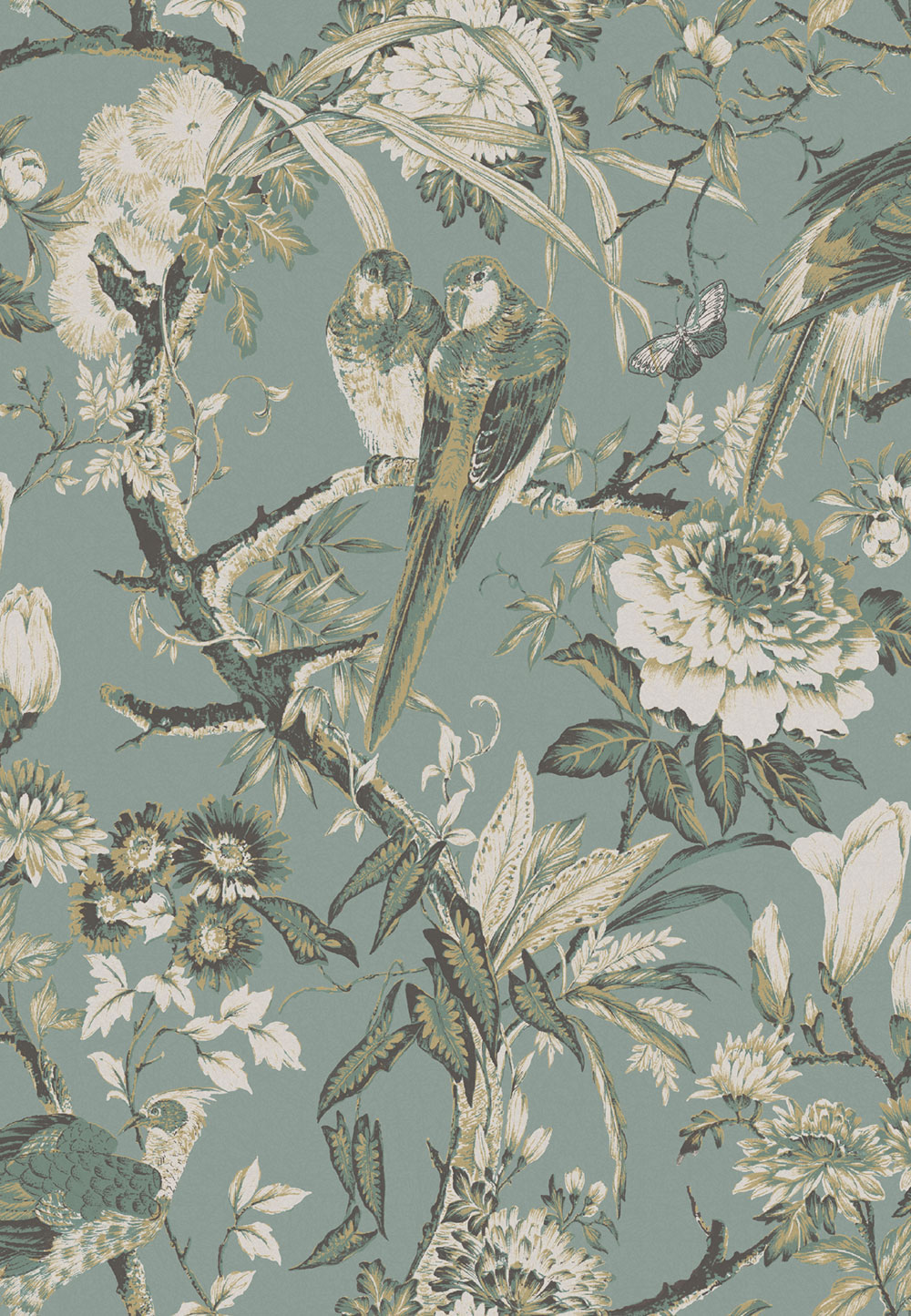 Wallpaper, turquoise-gold, birds, flowers, branches, 127910, Arboretum, Graham Brown Premium