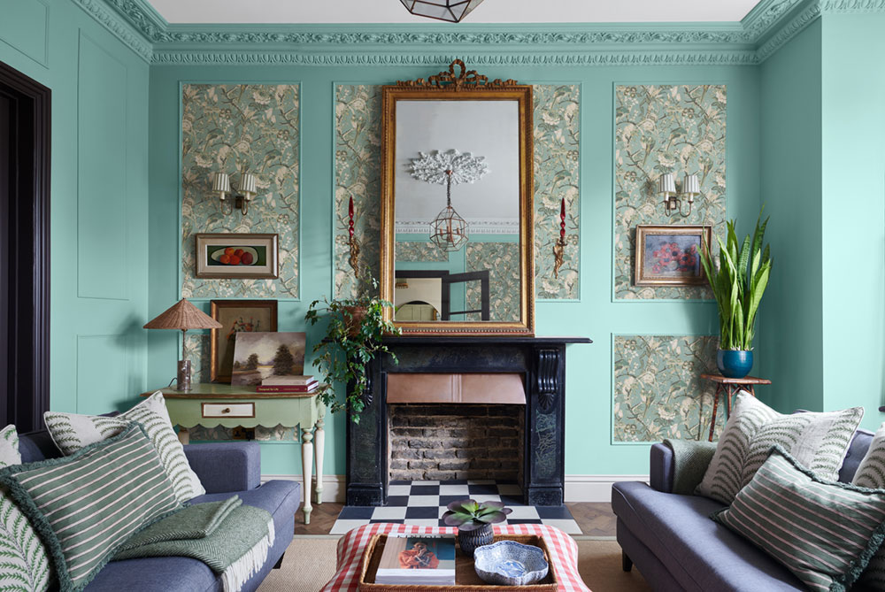 Wallpaper, turquoise-gold, birds, flowers, branches, 127910, Arboretum, Graham Brown Premium