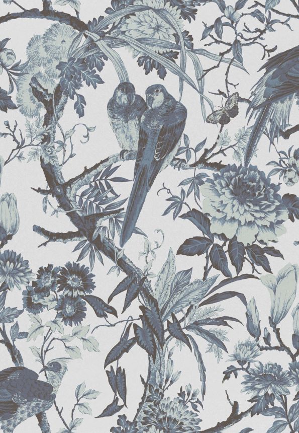 Wallpaper, blue-silver, birds, flowers, branches, 127909, Arboretum, Graham Brown Premium