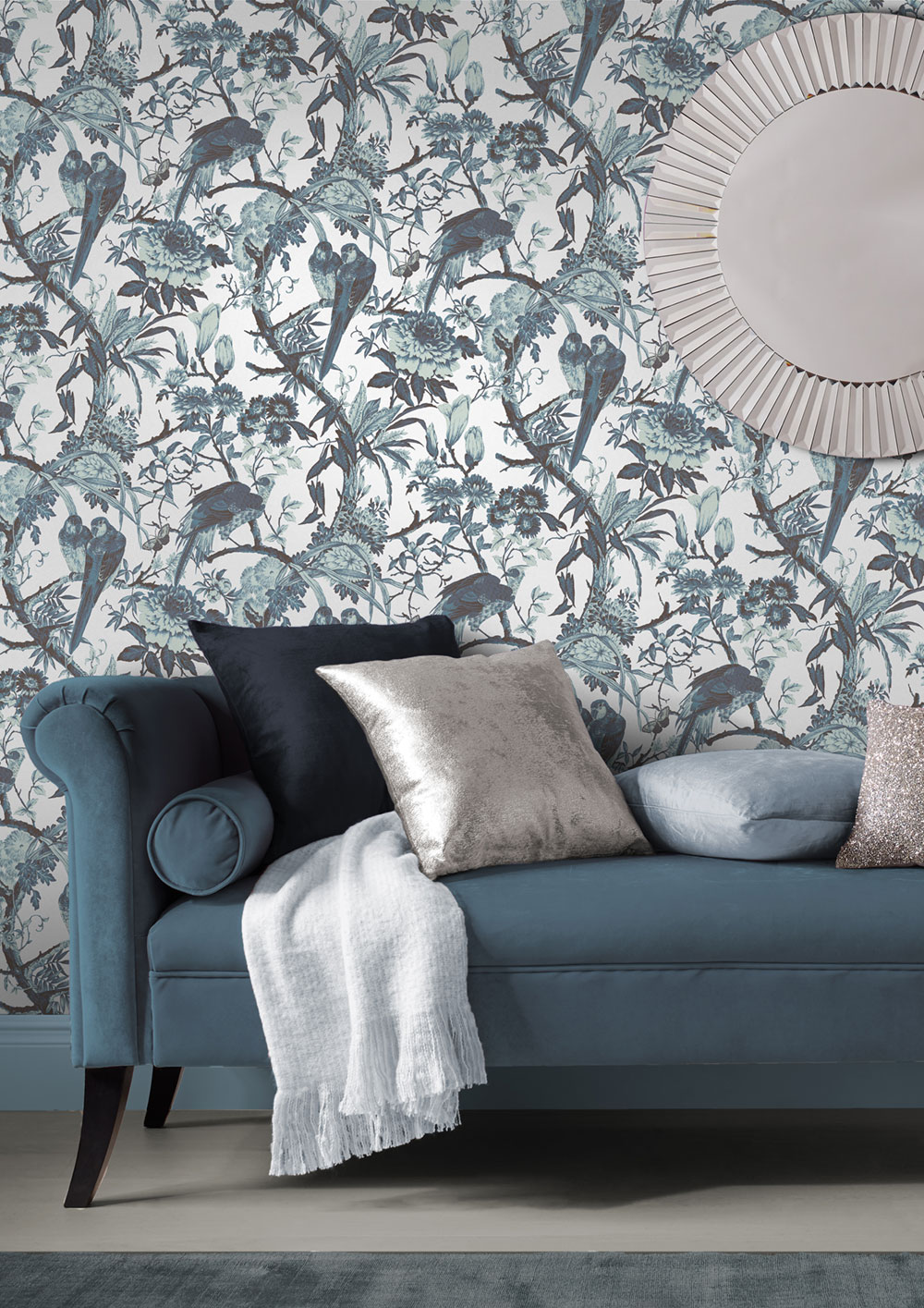 Wallpaper, blue-silver, birds, flowers, branches, 127909, Arboretum, Graham Brown Premium