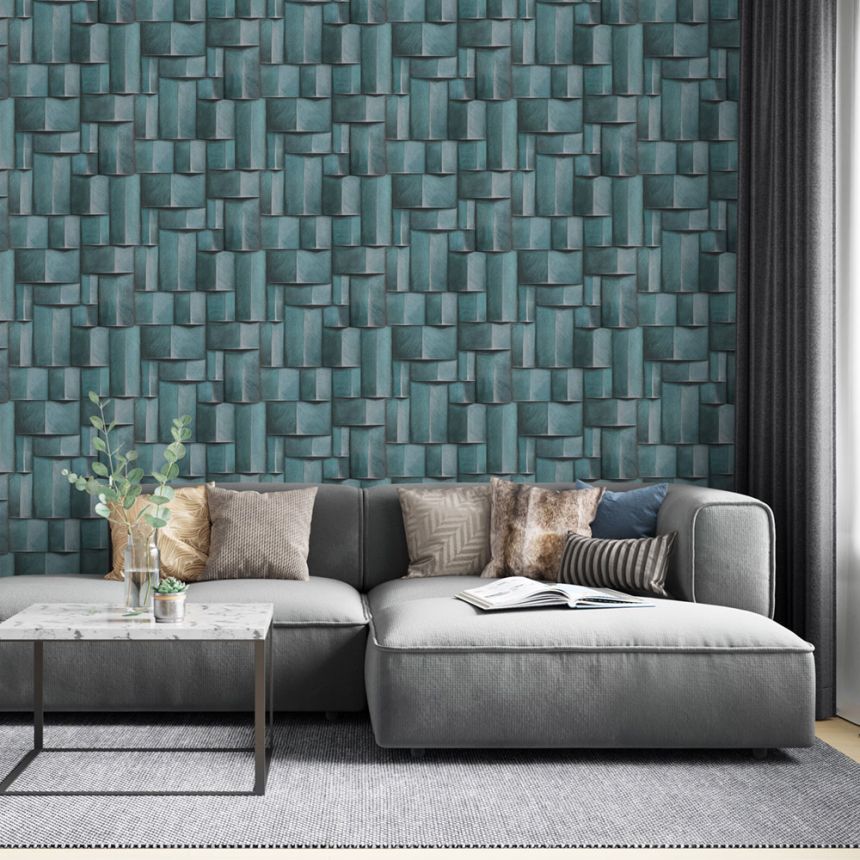 Graphic wallpaper, turquoise, 3D effect, 35389, Timber, Marburg