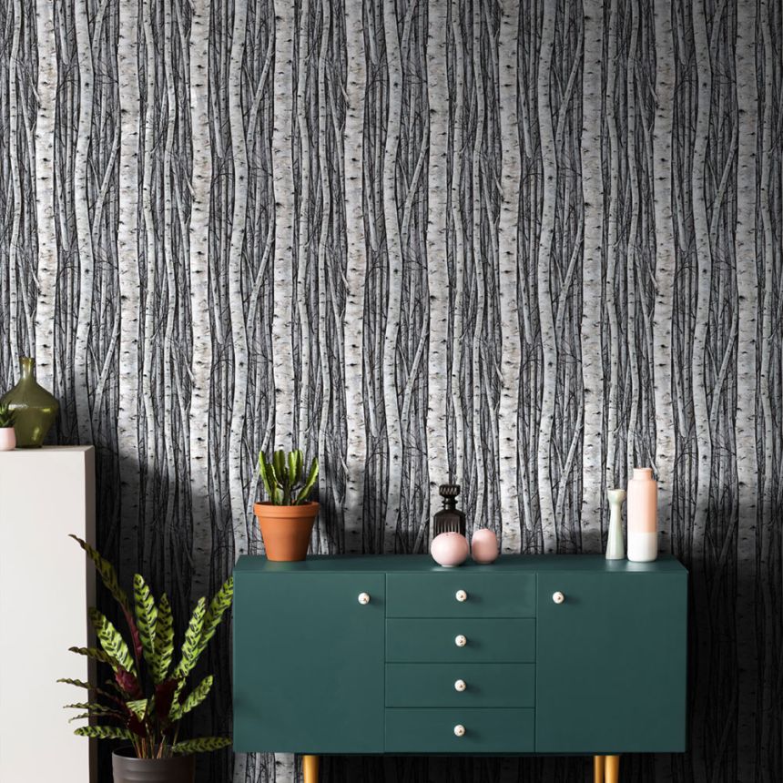 Wallpaper, grey-blue, trees, birch grove, 35397, Timber, Marburg