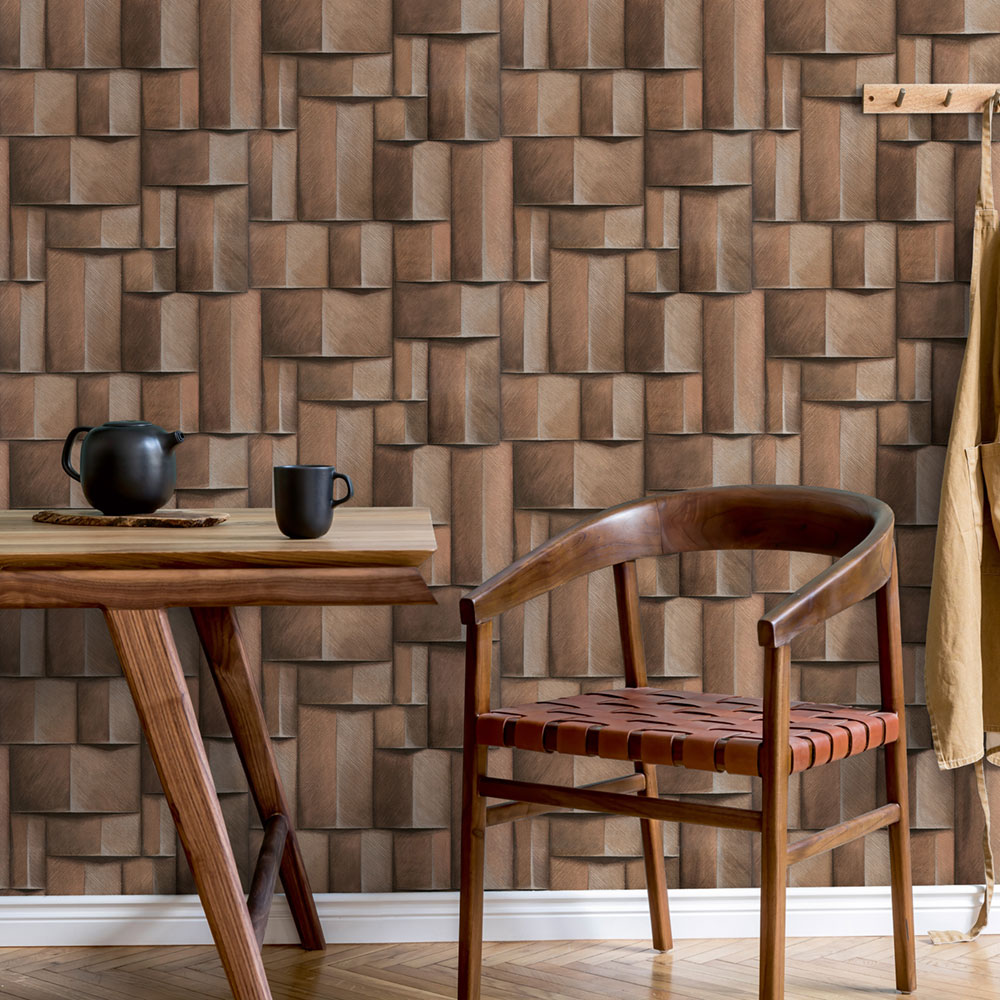 Graphic wallpaper, brown, 3D effect, 35399, Timber, Marburg