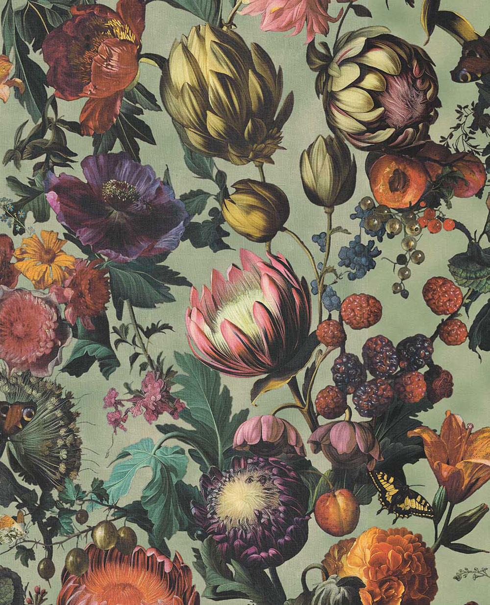 Wallpaper, Green, Flowers, Fruits, Butterflies, 351231, Magnifique, Eijffinger