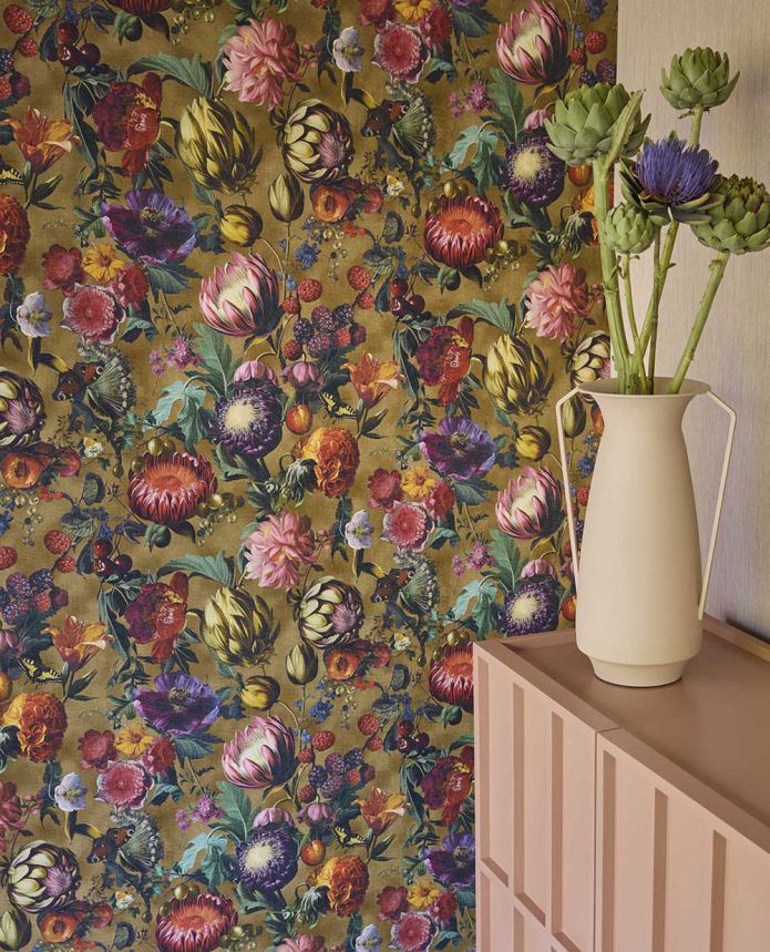 Wallpaper, Brown, Flowers, Fruits, Butterflies, 351234, Magnifique, Eijffinger
