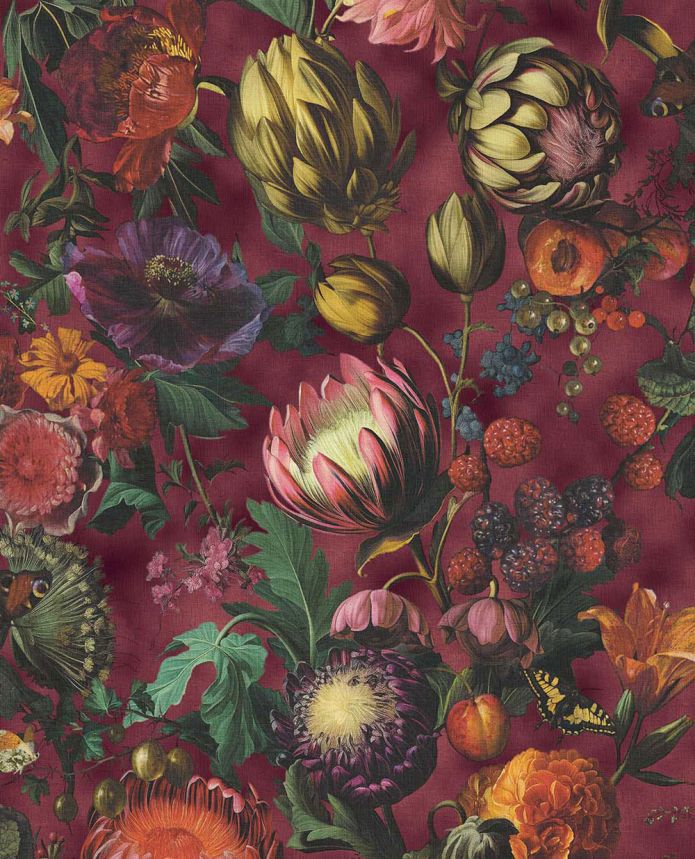 Wallpaper, Burgundy, Flowers, Fruits, Butterflies, 351235, Magnifique, Eijffinger