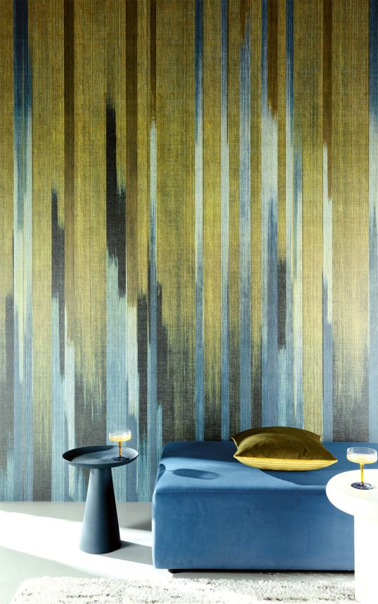 Mural wallpaper, fabric effect, blue, black, green, stripes, DGRIC1043-300, Serica, Masureel