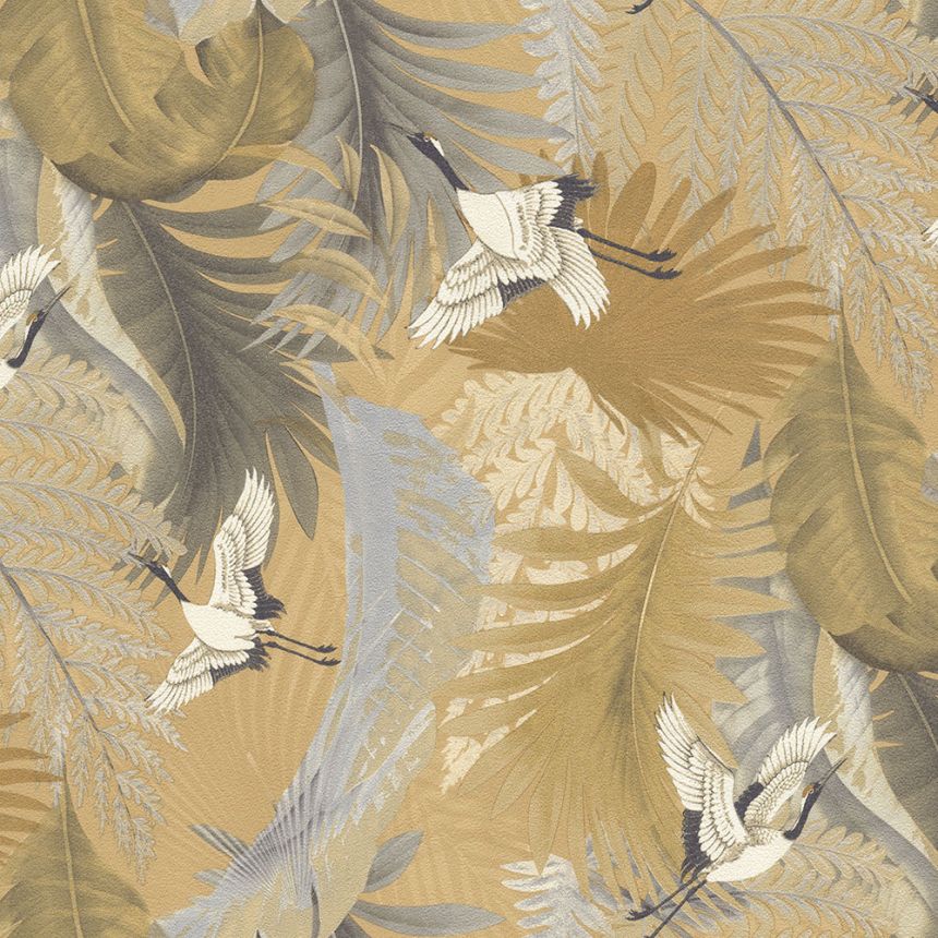 Wallpaper, gold, leaves, flying cranes, 73822, Tendenze, Emiliana Parati