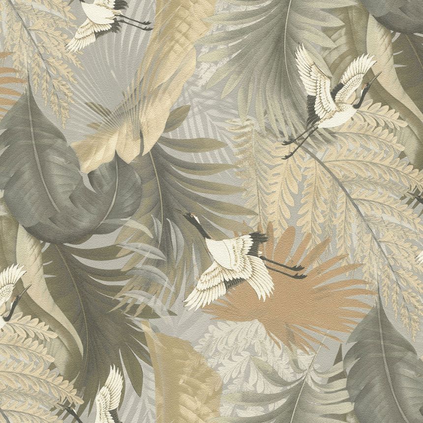 Wallpaper, grey-beige, leaves, flying cranes, 73823, Tendenze, Emiliana Parati