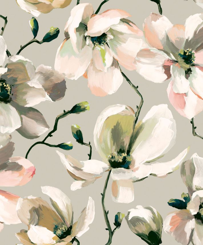 Non-woven wallpaper, beige, white, Magnolia Blossoms, 47464, Flora, Marburg