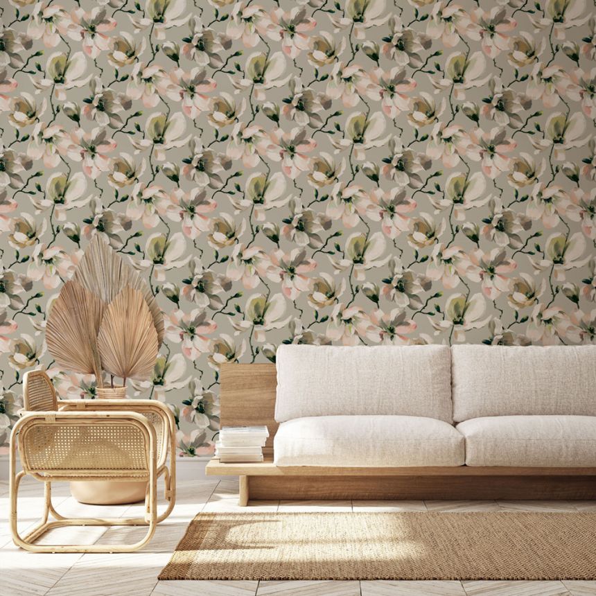 Non-woven wallpaper, beige, white, Magnolia Blossoms, 47464, Flora, Marburg