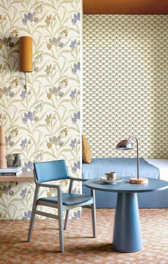 Wallpaper, blue-beige, flowers, 2022, Rio, Parato by Cristiana Masi