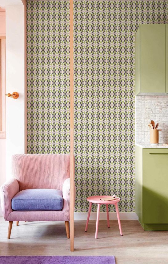 Geometric wallpaper, green, lilac, 2036, Rio, Parato by Cristiana Masi