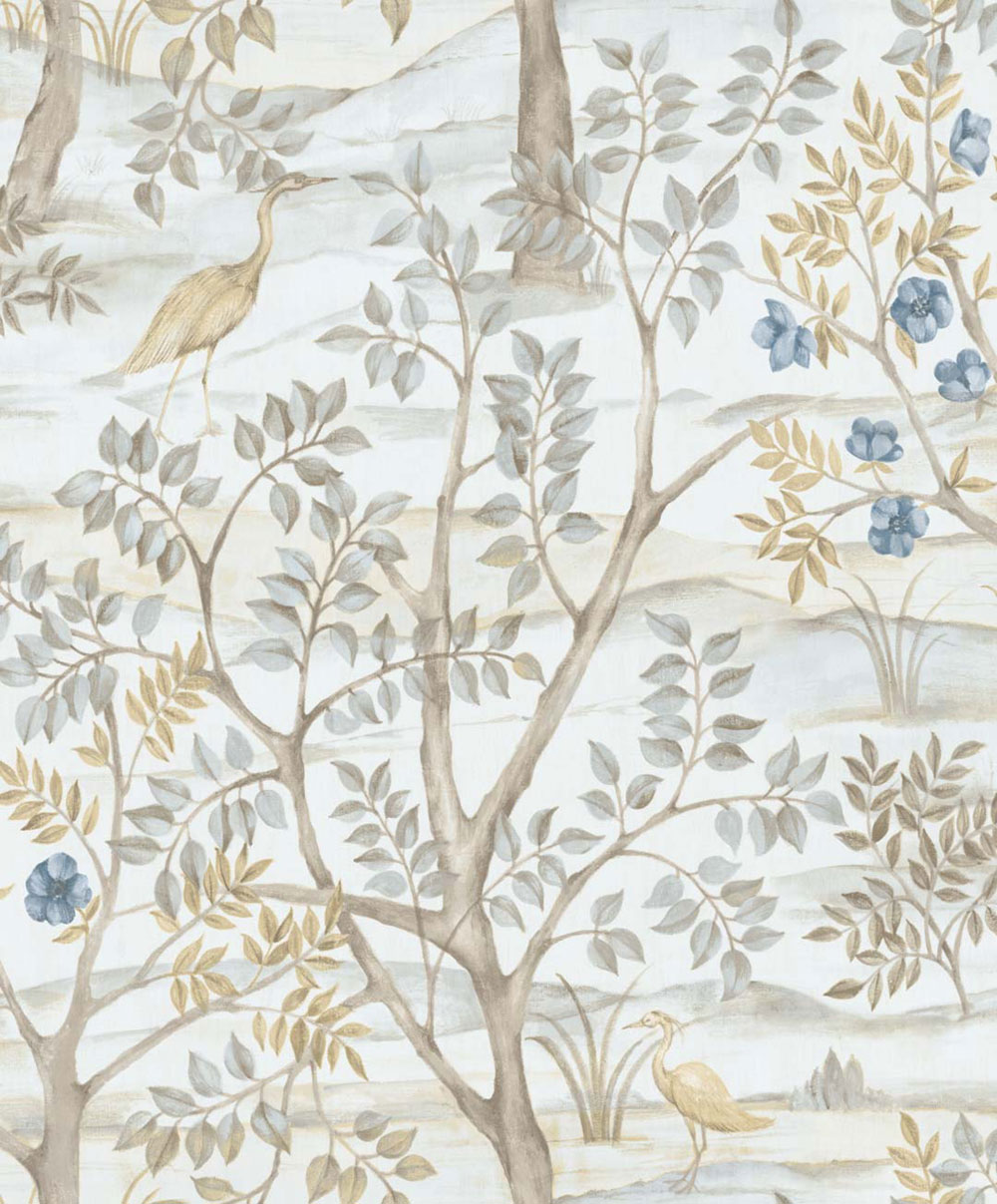 Wallpaper, blue, trees, birds, 8316, Blooming Garden 2, Parato by Cristiana Masi