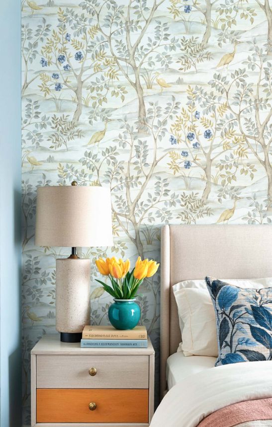 Wallpaper, blue, trees, birds, 8316, Blooming Garden 2, Parato by Cristiana Masi