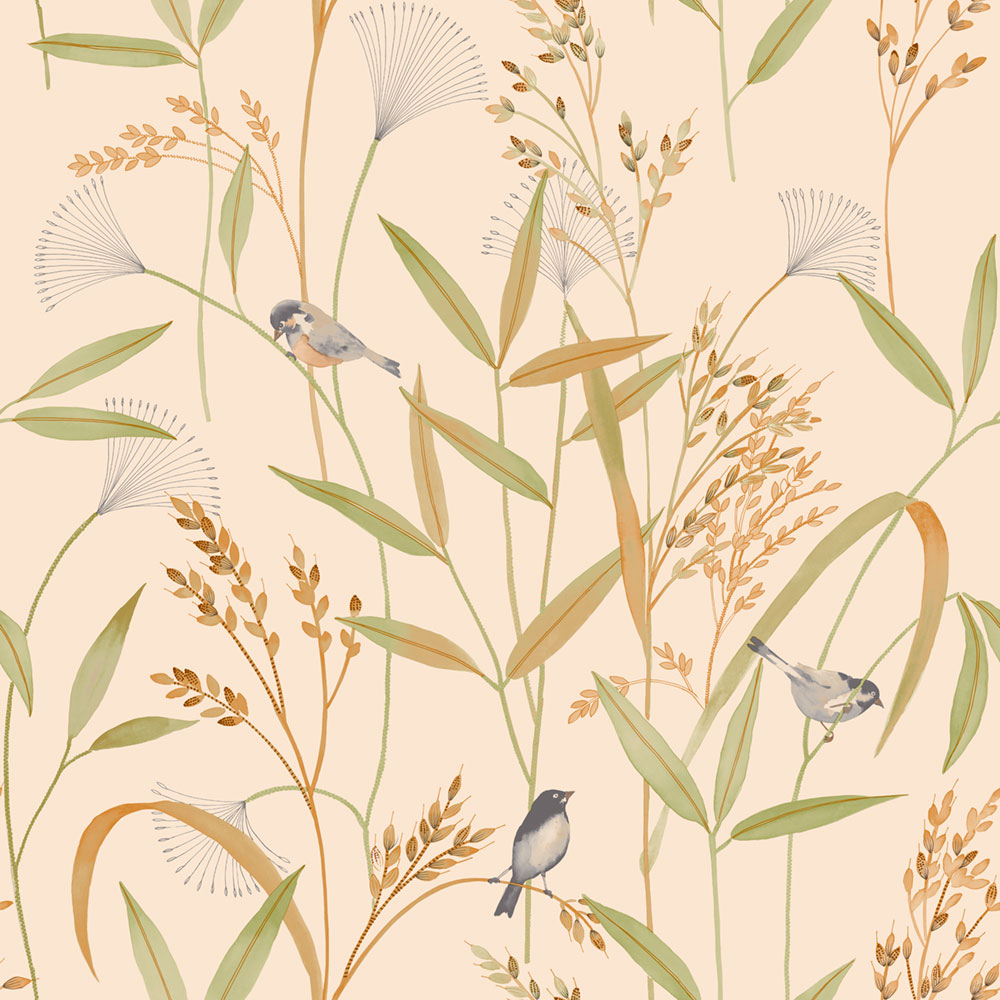Wallpaper, beige-green, meadow grass, birds, A83501, Inia, Grandeco