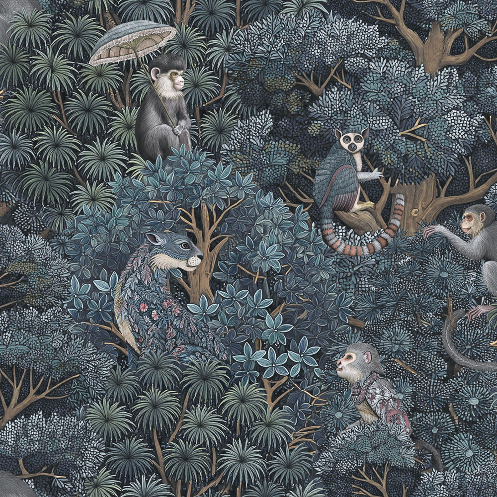 Wallpaper, blue, leaves, monkeys, 142313, Jaipur, Graham Brown Premium