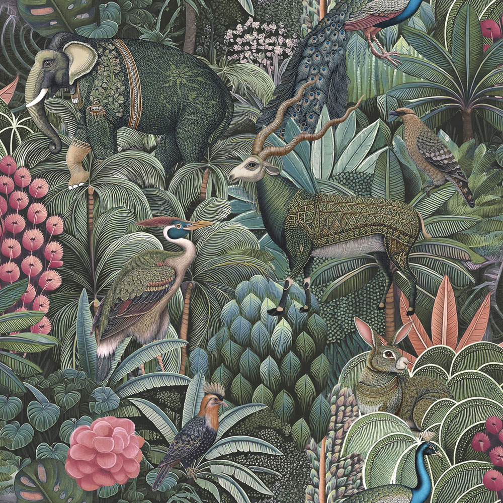Wallpaper, green-blue, jungle, animals, 142317, Jaipur, Graham Brown Premium
