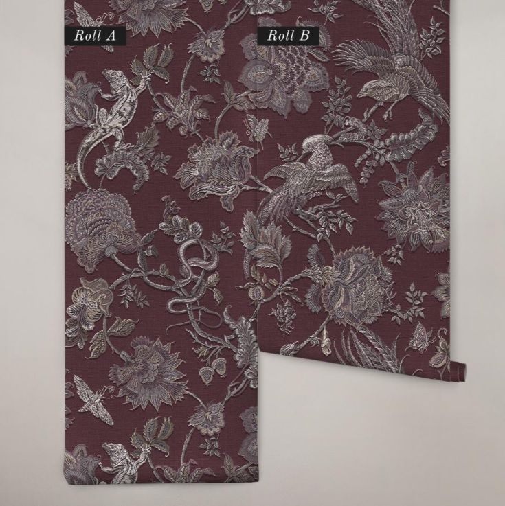 Wallpaper, burgundy, flowers, animals, 143237, Jaipur, Graham Brown Premium