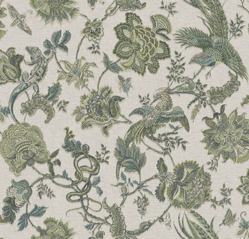 Wallpaper, beige-green, flowers, animals, 143239, Jaipur, Graham Brown Premium