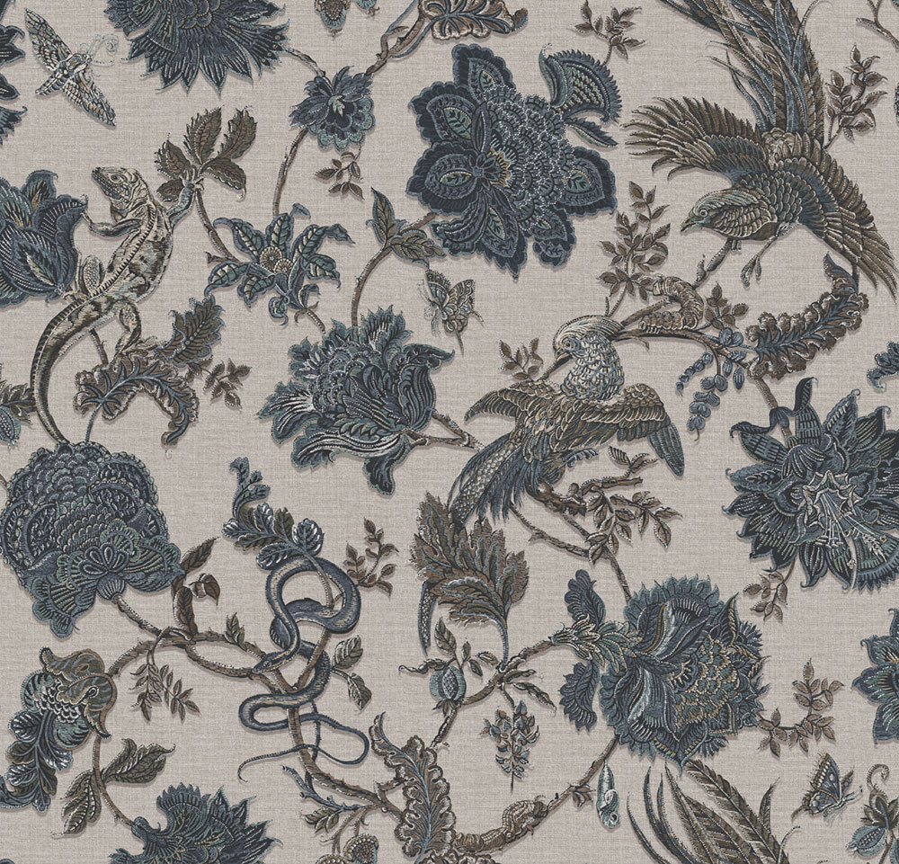 Wallpaper, brown-blue, flowers, animals, 143240, Jaipur, Graham Brown Premium
