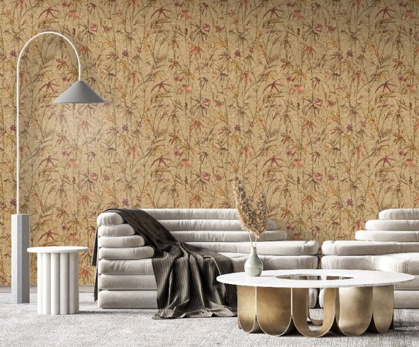 Wallpaper, beige, green, textile texture, plants, Z81044, Philipp Plein 2, Zambaiti Parati