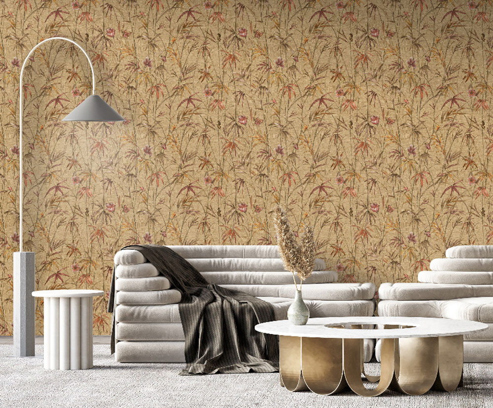 Wallpaper, beige, green, textile texture, plants, Z81044, Philipp Plein 2, Zambaiti Parati