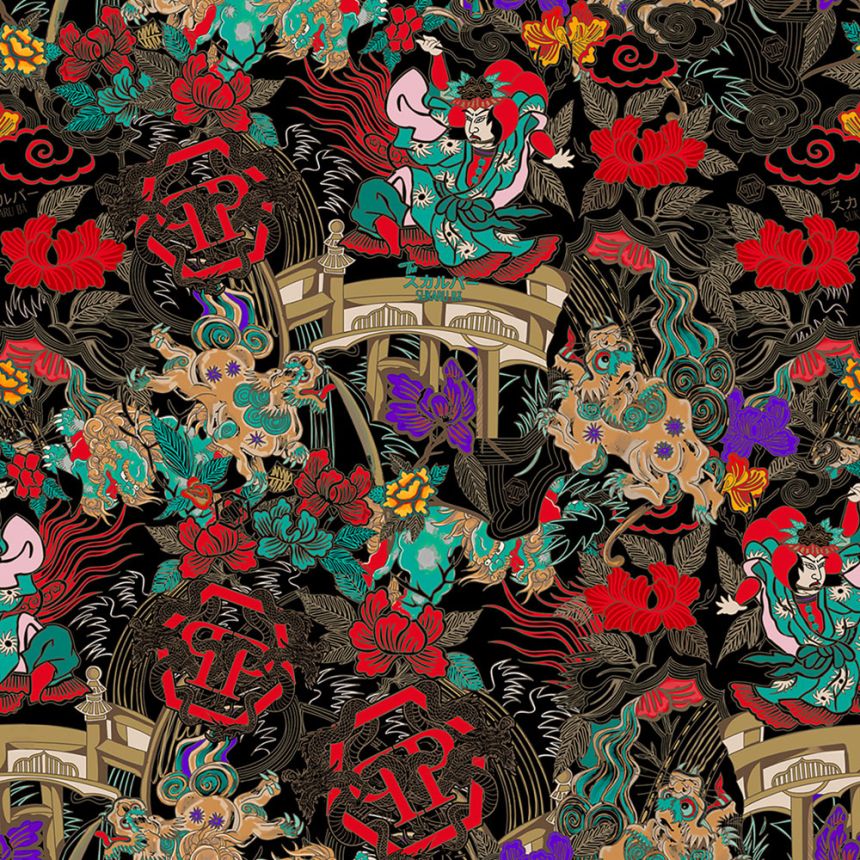 Wall mural, black, red, figures, flowers, Z81079, 2x3 m, Philipp Plein 2, Zambaiti Parati