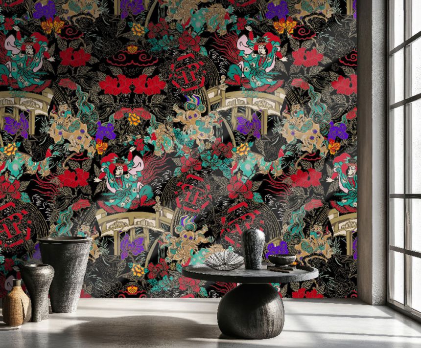 Wall mural, black, red, figures, flowers, Z81079, 2x3 m, Philipp Plein 2, Zambaiti Parati