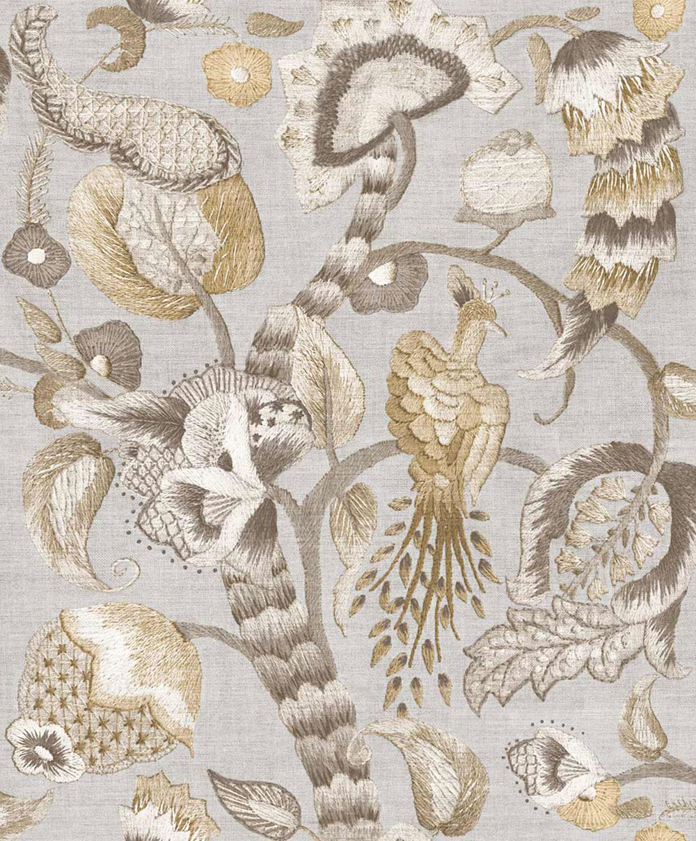 Wallpaper, grey, beige, flowering branches, birds, 5801, Jaipur, Parato by Cristiana Masi