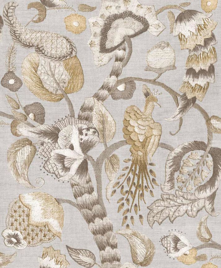 Wallpaper, grey, beige, flowering branches, birds, 5801, Jaipur, Parato by Cristiana Masi