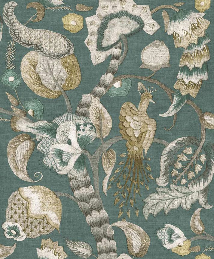 Wallpaper, green, grey, flowering branches, birds, 5806, Jaipur, Parato by Cristiana Masi