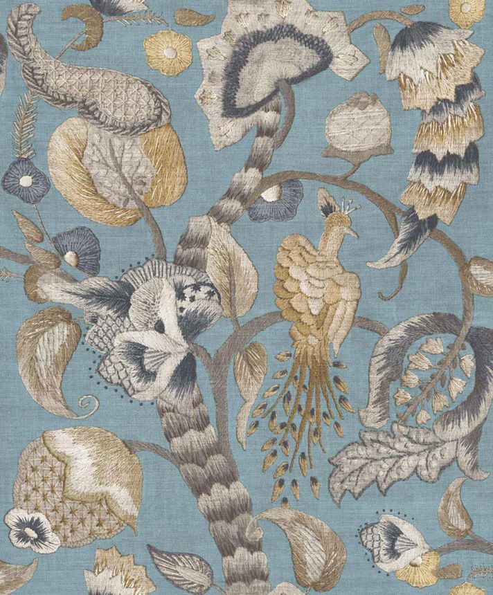 Wallpaper, blue, grey, flowering branches, birds, 5807, Jaipur, Parato by Cristiana Masi