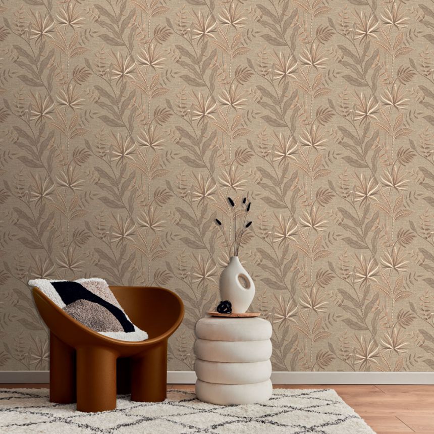 Wallpaper, Brown, Beige, Fabric Effect, Leaves, TN29081, Terra Nova, Decoprint