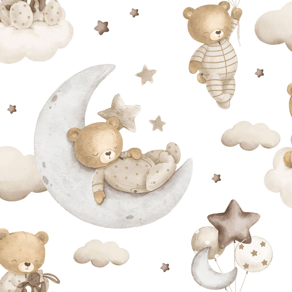 Children’s wallpaper, beige, brown, teddy bears, stars and balloons, 4401, Momi, Parato by Cristiana Masi
