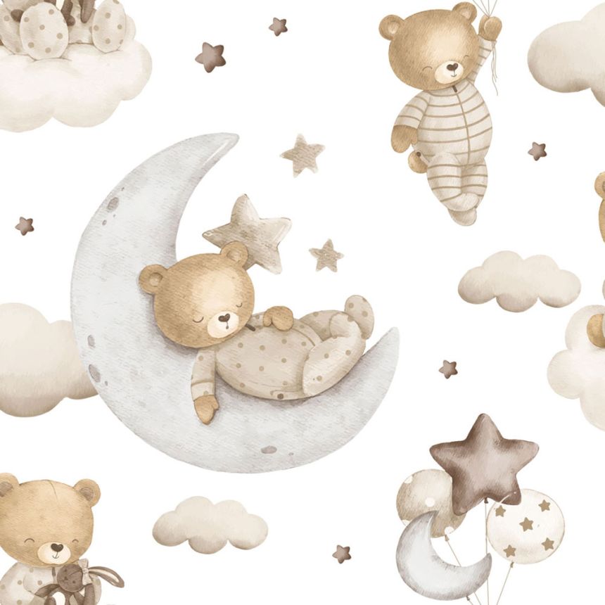 Children’s wallpaper, beige, brown, teddy bears, stars and balloons, 4401, Momi, Parato by Cristiana Masi