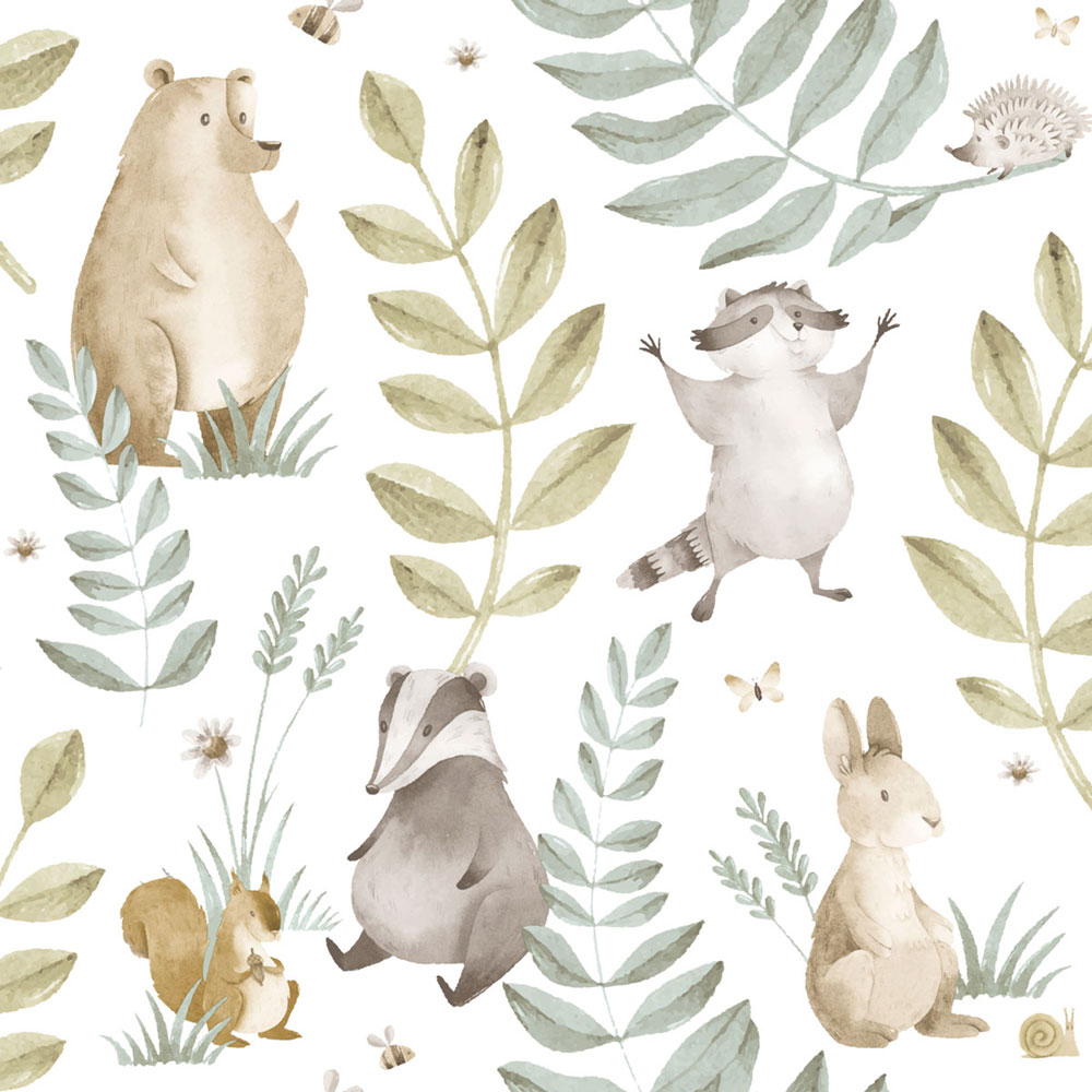 Children’s wallpaper, blue, green, animals and leaves, 4410, Momi, Parato by Cristiana Masi