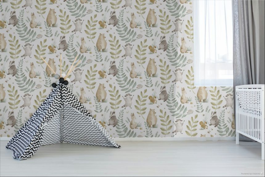 Children’s wallpaper, blue, green, animals and leaves, 4410, Momi, Parato by Cristiana Masi