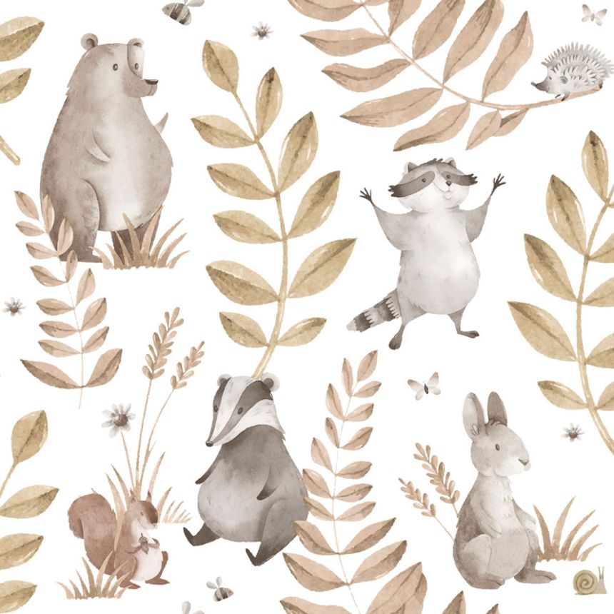 Children’s wallpaper, pink, grey, animals and leaves, 4411, Momi, Parato by Cristiana Masi