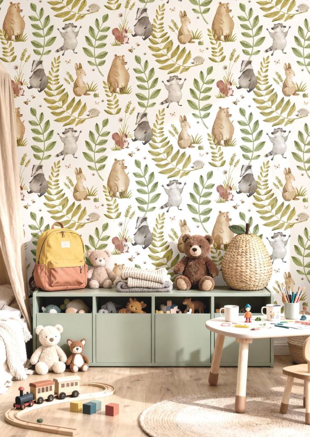 Children’s wallpaper, brown, grey, animals and leaves, 4412, Momi, Parato by Cristiana Masi