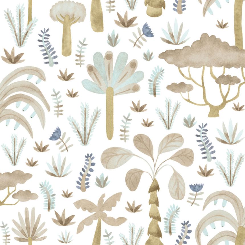 Children’s wallpaper, blue, grey, tropical plants, 4421, Momi, Parato by Cristiana Masi