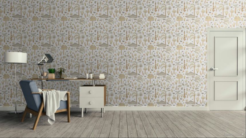 Children’s wallpaper, gold, grey, tropical plants, 4422, Momi, Parato by Cristiana Masi